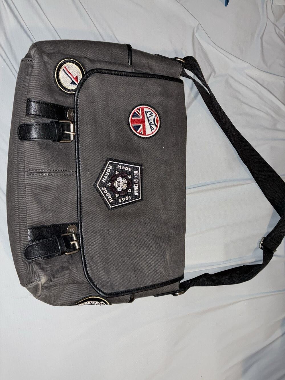 Ben Sherman Charcoal Canvas Mod Union Jack Target Patch Messenger Laptop Bag